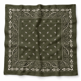An olive green bandana with a classic white paisley border and central pattern, laid flat against a white background.