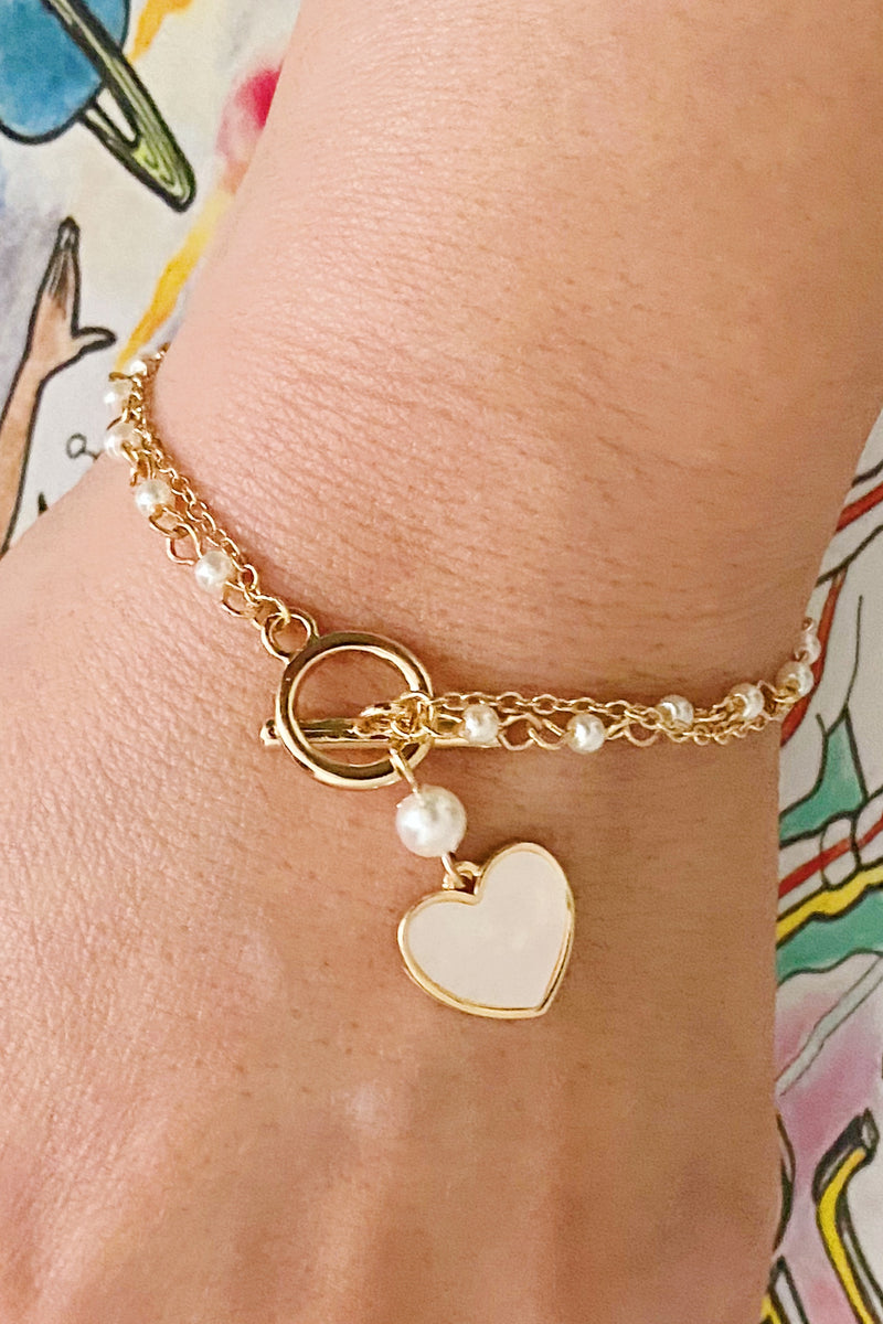Layered Pearl Chain Heart Bracelet