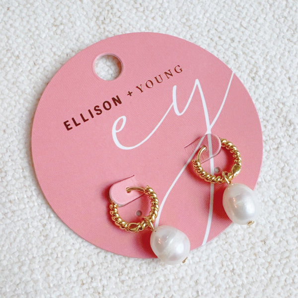 Gold cabled huggie hoop earrings with natural freshwater pearls – elegant and minimalist design