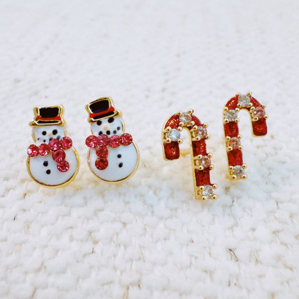 Set of festive mini stud earrings with candy cane and snowman designs – perfect for Christmas cheer
