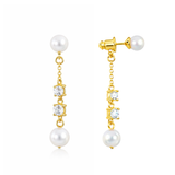 Elegant gold drop earrings featuring two luminous pearls in a contemporary linear design. The Celeste Double Pearl Earrings combine timeless sophistication with a modern gold finish, perfect for both casual and formal wear.