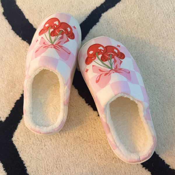 Indoor slippers with a playful cherry print on a soft pink background, round-toe design, available in multiple sizes