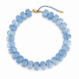 Blue beaded necklace on a white background
