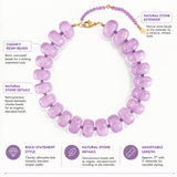 Purple beaded necklace with text describing features on a white background