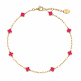 Gold bracelet with pink flower-shaped charms on a white background