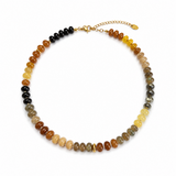 Necklace with multicolored beads on a white background