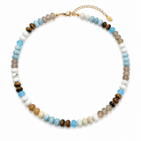 A beaded choker necklace featuring a mix of light blue, brown, white, beige, and gray gemstone beads, accented by a gold-tone chain extender and clasp.