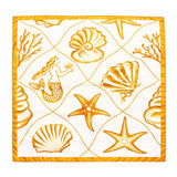 Napkin with yellow mermaid, shells, and starfish pattern on a white background. Square scarf featuring a blue and white coastal print with seashells, starfish, and ocean-inspired illustrations, designed for styling around the neck, hair, or tied to a handbag.
