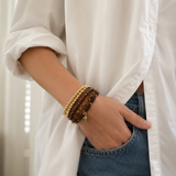 Person wearing multiple bracelets on a white background