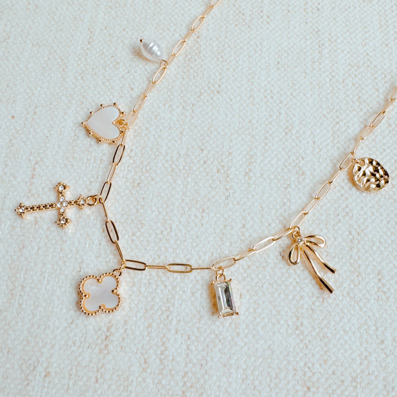 Cross Clover Multi Charm Necklace 
Golden