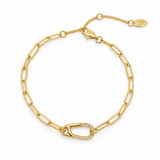 Ellison + Young Crystal Carabiner Link Bracelet – 18k gold plated paperclip chain with pavé cubic zirconia carabiner link, lobster clasp and extender with logo tag