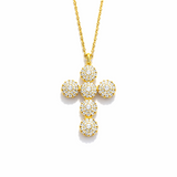 Gold necklace with a circular pendant on a white background