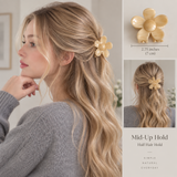 Model wearing an ivory Daisy Claw Clip in a mid-up half hair hold, 2.75 inches (7 cm), labeled Simple, Natural, Everyday