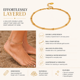 Gold double-layered anklet on a foot with product details on a beige background