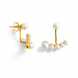 Gold-tone earrings featuring a modern double-piece design with smooth pearl accents. The front and back components create a dimensional, elegant arc that frames the earlobe beautifully.