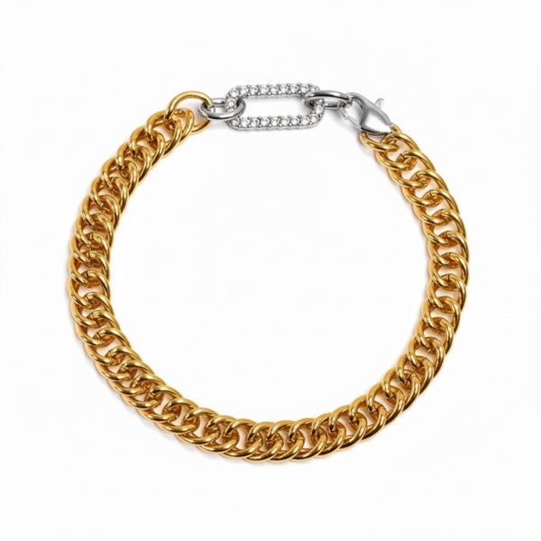 Gold link chain bracelet featuring dual pavé-encrusted connectors for a modern, polished look with a touch of sparkle.