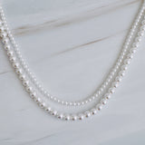Set of two versatile pearl necklaces featuring luminous pearls in varying sizes, designed with magnetic clasps for easy wear and styling; can be worn individually or linked together for a longer layered look.