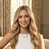 Woman in a white dress sitting on a couch in a elegant room.
