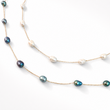 Two-layered pearl necklace with blue and white pearls on a white background