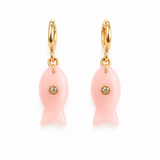 Pair of pink fish-shaped earrings with gold accents on a white background