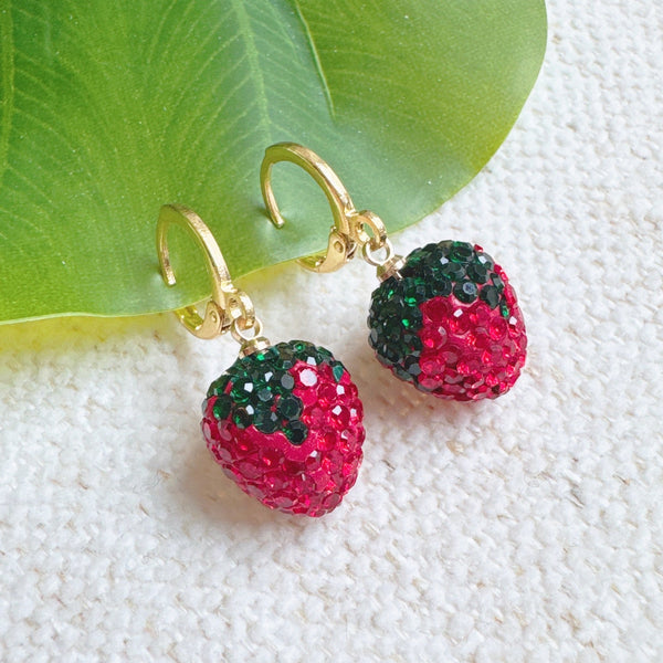 Fresh Cut Strawberry Dangle Huggie Earrings