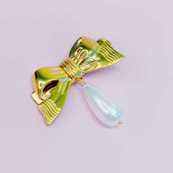 Golden Bow Dangle Pearl Hair Clip