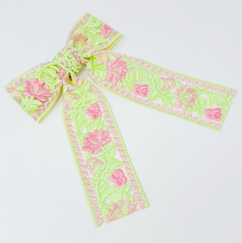 Lacey Flower Embroidered Bow Hair Clip
