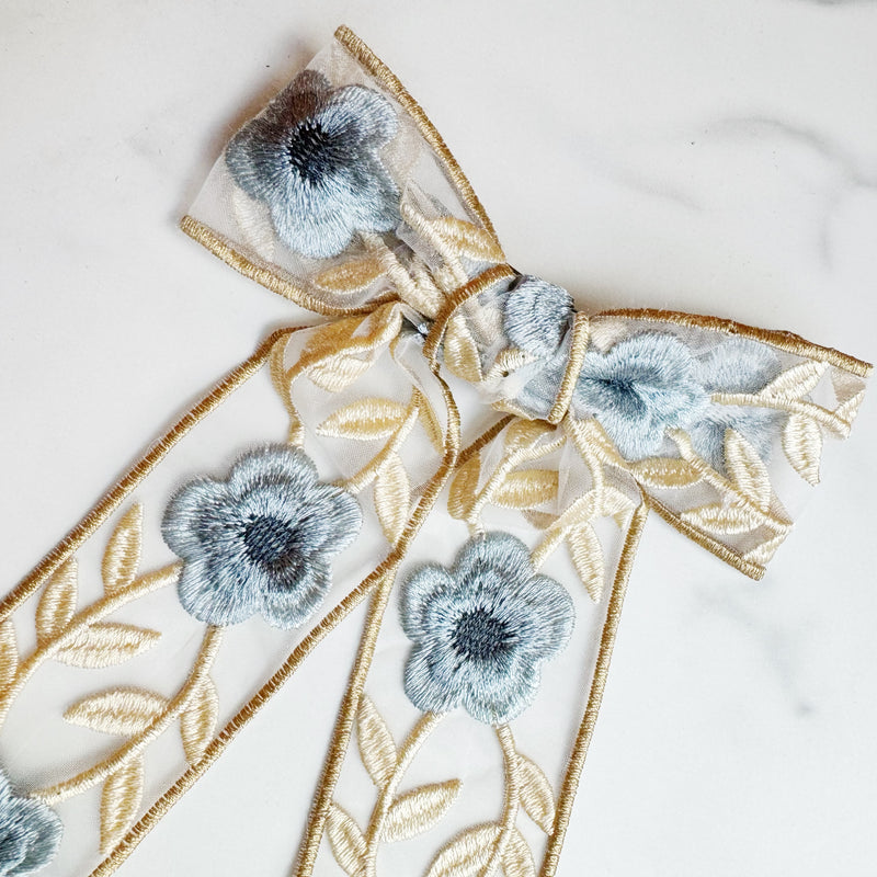 Lacey Flower Embroidered Bow Hair Clip