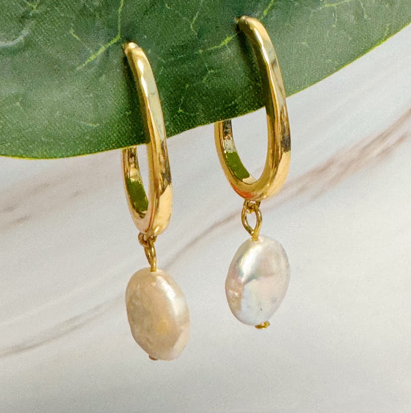 Dangle Pearl Gold Hoop Earrings