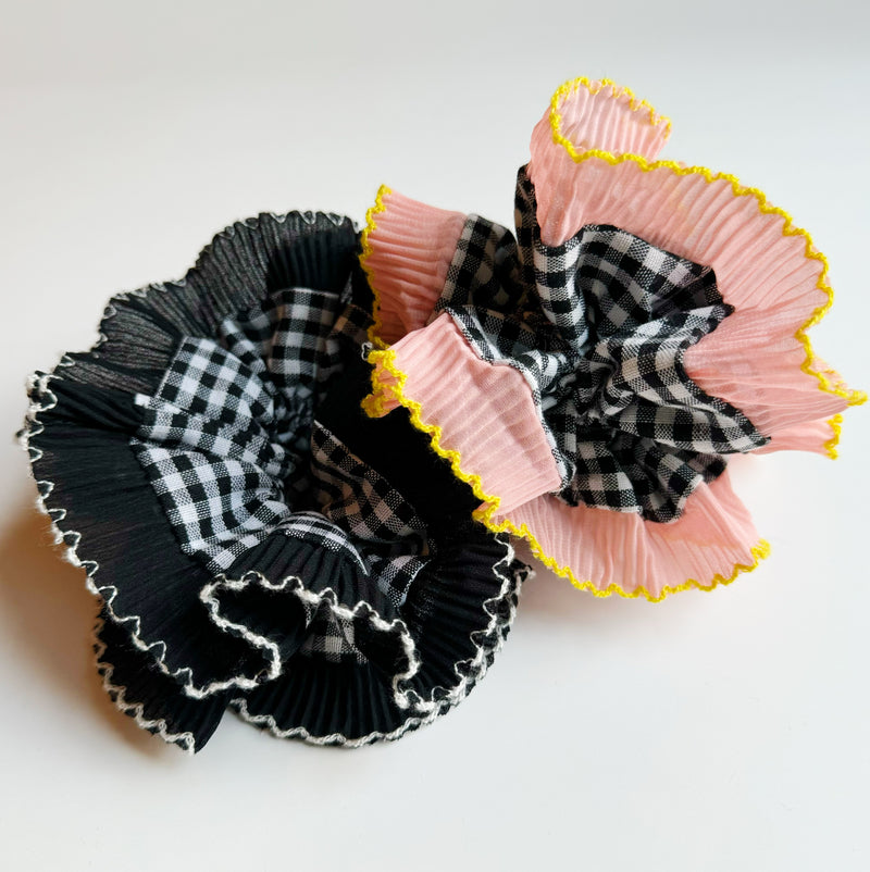 Pleats Frilled Gingham Hair Scrunch