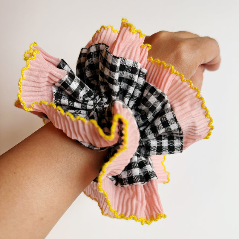 Pleats Frilled Gingham Hair Scrunch