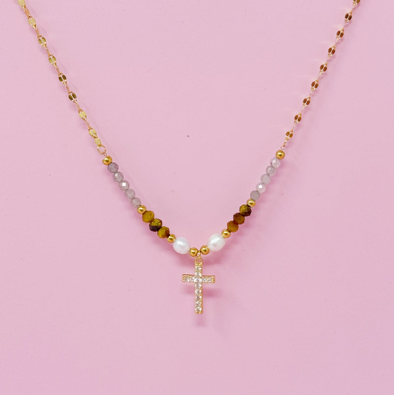 Cross Pendant Stone Bead Necklace