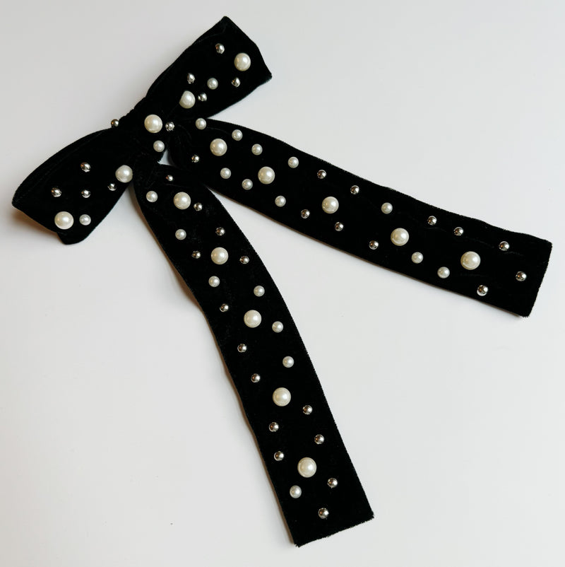 Pearl Throwed Velvet Bow Hair Clip