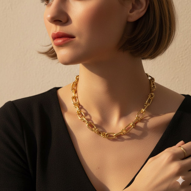 Close-up view of a gold-toned statement necklace featuring oversized oval links adorned with small textured bubble accents for a bold, dimensional look.