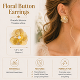 Floral button earrings with product details on a neutral background