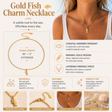 Gold fish charm necklace with product details on a white background