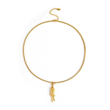 Gold necklace with a fish pendant on a white background