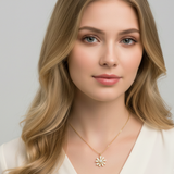 Gold-tone necklace featuring a daisy-inspired pendant with a luminous pearl center surrounded by sparkling crystal-studded petals. The design blends classic elegance with a fresh, feminine touch, perfect for layering or wearing solo.