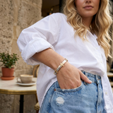Woman wearing a white shirt and blue jeans with a blurred background
