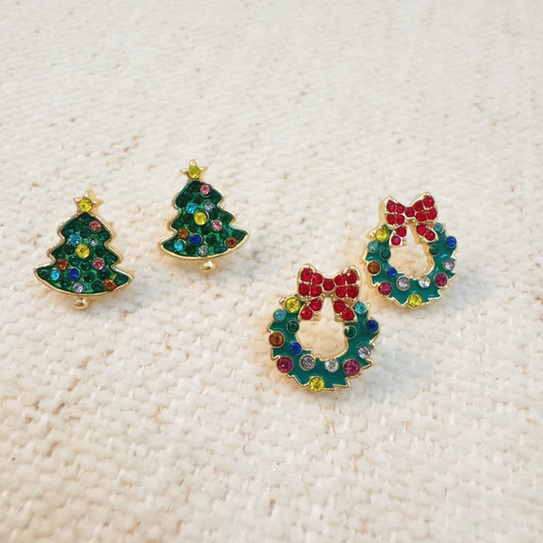 Duo of festive stud earrings featuring Christmas trees and holiday wreaths – perfect for seasonal charm