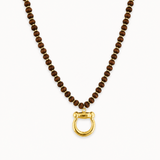 Brown beaded necklace with a gold clasp on a white background
