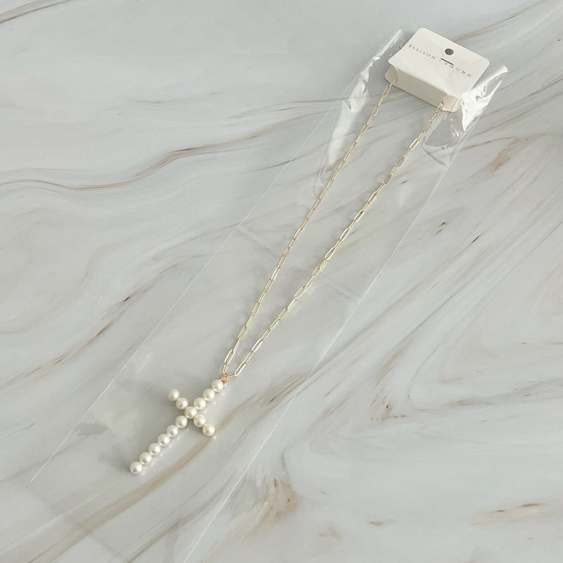 Pearl Cross Pendant Clip Chain Necklace