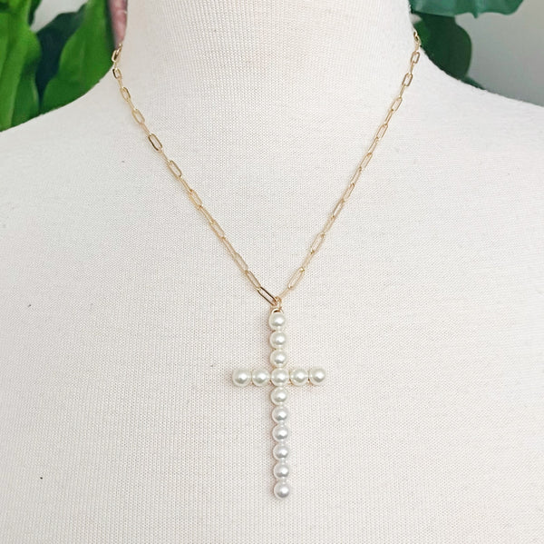 Pearl Cross Pendant Clip Chain Necklace