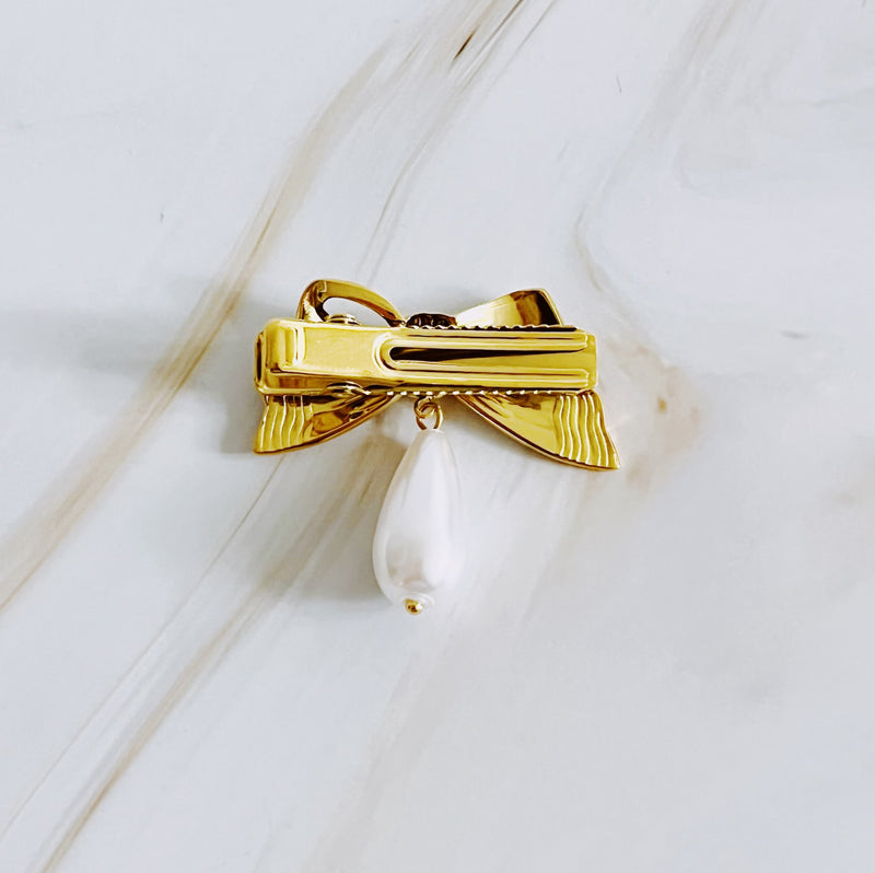 Golden Bow Dangle Pearl Hair Clip