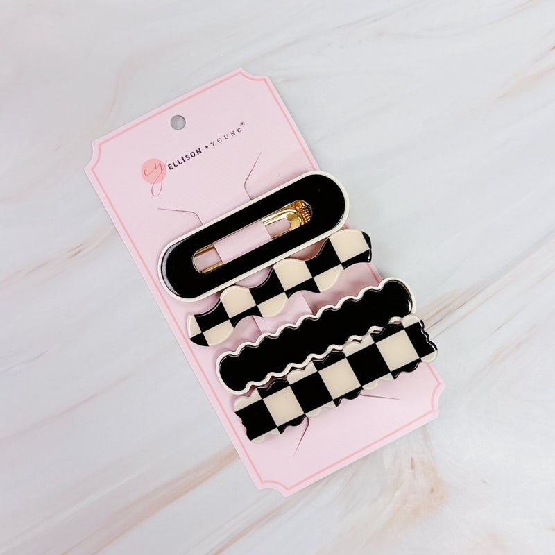 Checkered Wavy Creaseless Hair Clip Set Of 4