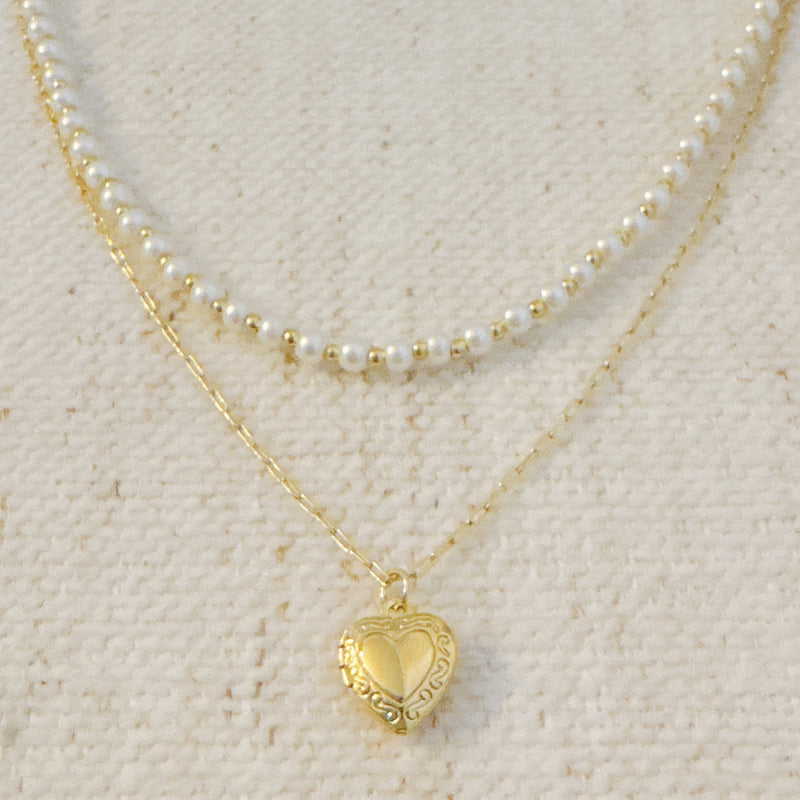 Pearls And Heart Locket Layered Necklace