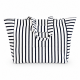 Navy and white striped tote bag on a white background
