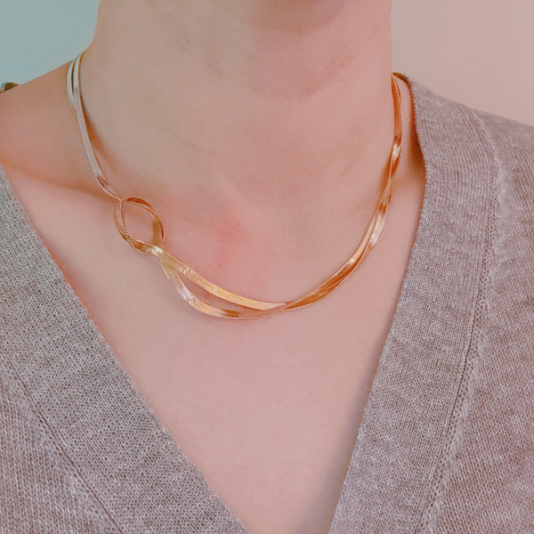 Knotted Two Tone Herringbone Chain Necklace