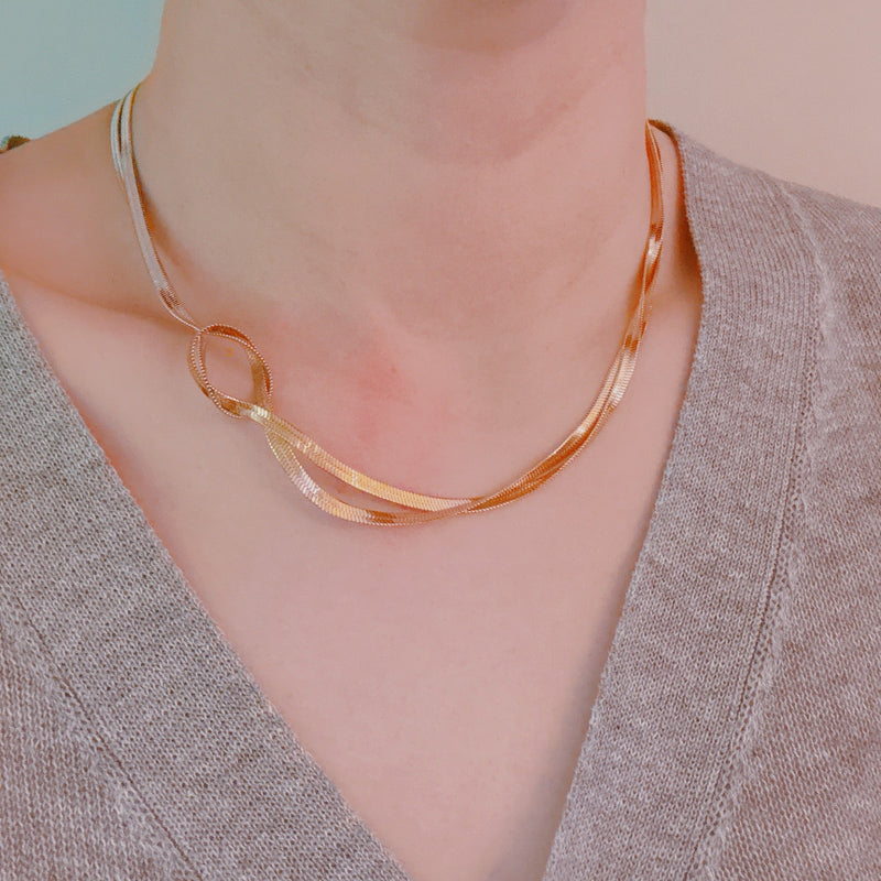 Knotted Two Tone Herringbone Chain Necklace