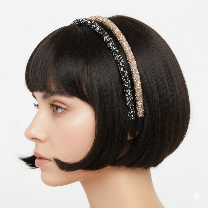 Set of two festive sparkle headbands in black and brown tones, each adorned with glittery “Let’s Celebrate” text and colorful accents, perfect for parties or special occasions.